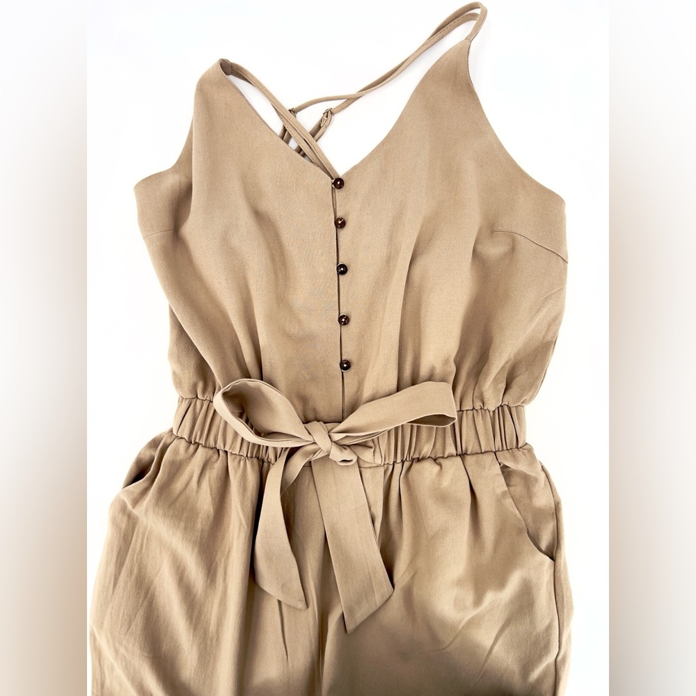 Easel Tan Jumpsuit with Tie-Waist and Relaxed Fit - Picture 5 of 10